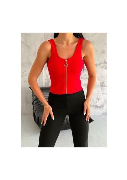 Kadın Kırmızı Fermuarlı Kaşkorse Crop