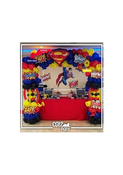 Superman Süpermen Temalı Balon Zinciri - Kırmızı, Siyah, Sarı, Koyu Mavi 100 Adet Balon + Zincir