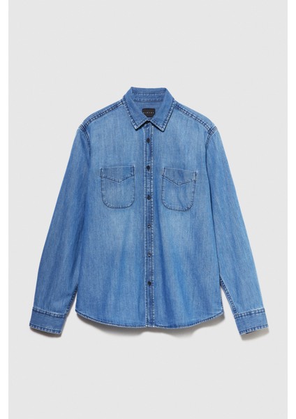 %100 Pamuk Yıkama Efektli Cep Detaylı Denim Gömlek Erkek Renkli Gömlek - 324P5FV6SQ017 modelleri