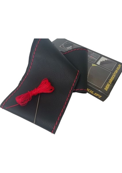 Dikişli Deri Direksiyon Kılıfı Damarlı Deri, Kırmızı Dikişli, Hızlı Kargo
