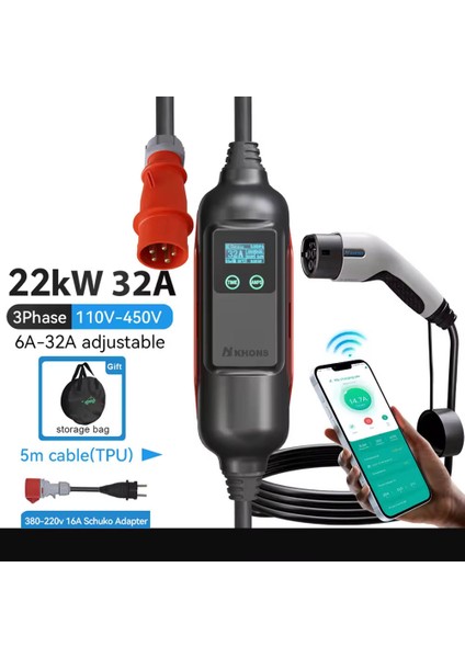 22KW 32 Amper Wifi Bluetooth Aplikasyonlu Elektrikli Araç Şarj Cihazı Type2 Dönüştürücü Hediyeli