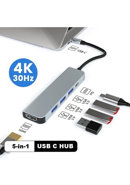 5in1 Type-C To USB Hub 5 Port Çoklayıcı Laptop Macbook Air Için Uyumlu Çoğaltıcı USB 3.0/hdmı/type-C