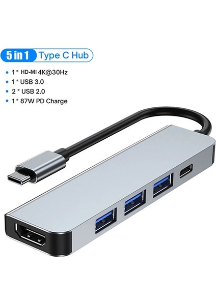 5in1 Type-C To USB Hub 5 Port Çoklayıcı Laptop Macbook Air Için Uyumlu Çoğaltıcı USB 3.0/hdmı/type-C