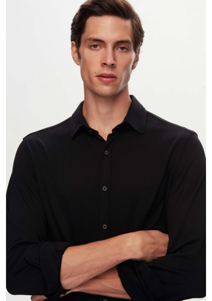 Slim Fit Siyah Armürlü Gömlek