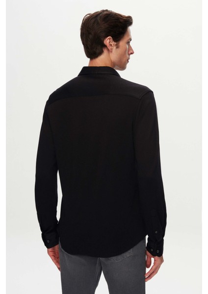Slim Fit Siyah Armürlü Gömlek
