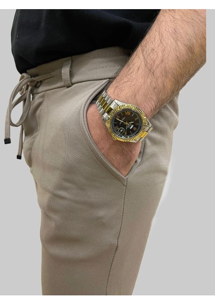 Erkek Runner Jogger Düğmeli Fermuarlı Bağcıklı Kahve Köpüğü Kargo Pantolon