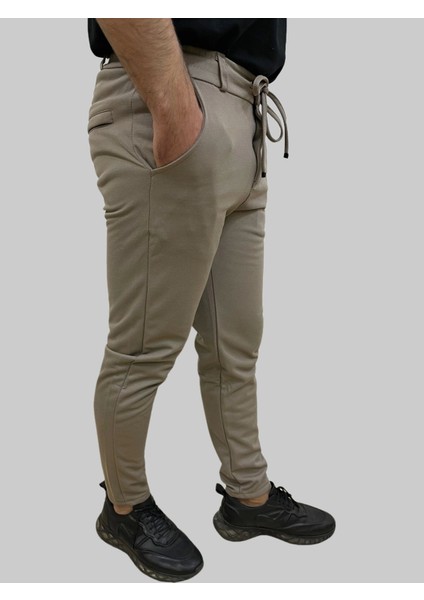 Erkek Runner Jogger Düğmeli Fermuarlı Bağcıklı Kahve Köpüğü Kargo Pantolon