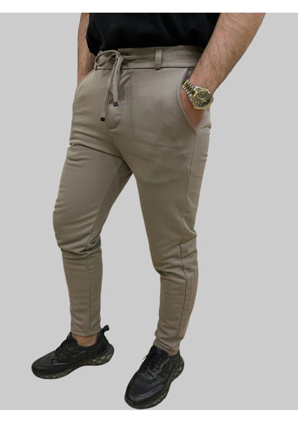 Erkek Runner Jogger Düğmeli Fermuarlı Bağcıklı Kahve Köpüğü Kargo Pantolon