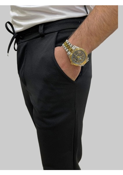 Erkek Runner Jogger Düğmeli Fermuarlı Bağcıklı Siyah Kargo Pantolon