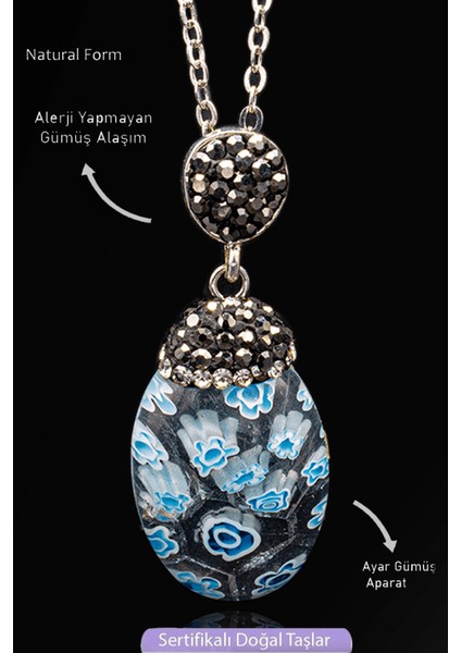 Sertifikalı Zirkon Taşlı Model Mavi Beyaz Murano Kuvars Taşı Kolye