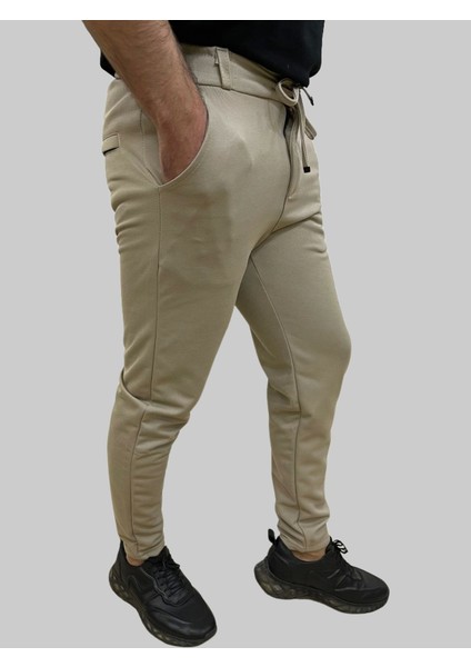 Erkek Runner Jogger Düğmeli Fermuarlı Bağcıklı Bej Kargo Pantolon