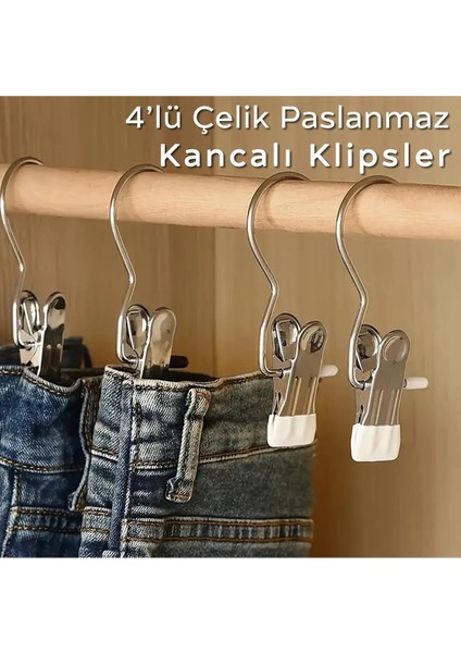 4'lü Çelik Paslanmaz Kancalı Klipsleri Mandallı Kanca Çok Renkli