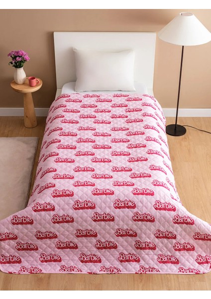 Pembe Barbie Baskılı Tek Kişilik Yatak Örtüsü