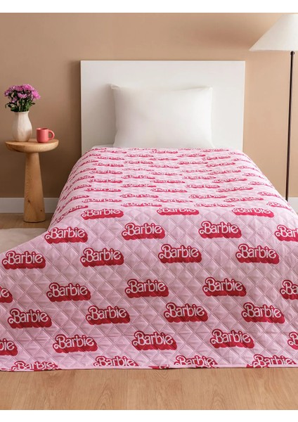 Pembe Barbie Baskılı Tek Kişilik Yatak Örtüsü