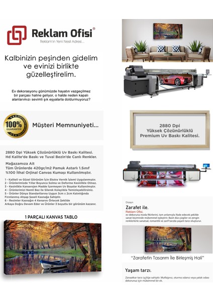 Sonbahar Göl Kenarı Kayık Manzara Modern Premium Kanvas Tablo