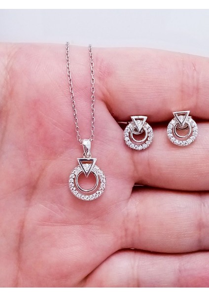 Kadın 925 Ayar Gümüş Zirkon Taşlı Minimal Kolye ve Küpe, Ikili Mini Takı Seti,Sivgililer günü hediyesi