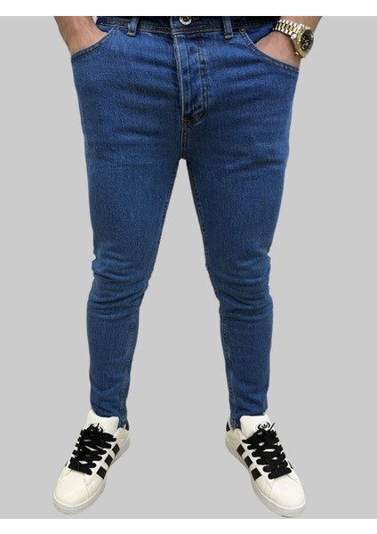 Erkek Dar Paça Grand Regular Fit Düz Mavi Kot Pantolon