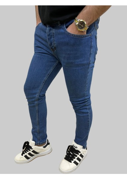 Erkek Dar Paça Grand Regular Fit Düz Mavi Kot Pantolon
