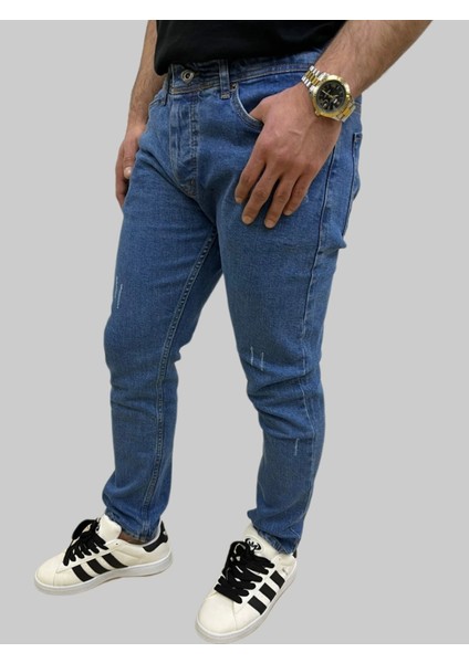 Erkek Dar Paça Tırnaklı Grand Regular Fit Mavi Kot Pantolon