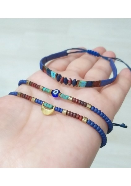 Hematit Doğaltaşlı Matubo Miyuki Tila Miyuki Round ve Nazar Boncuklu Üçlü Bileklik