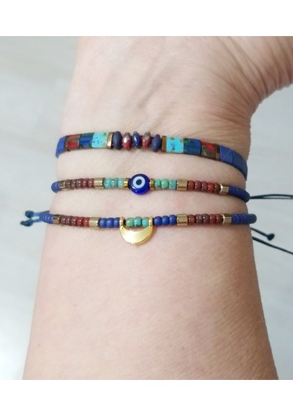 Hematit Doğaltaşlı Matubo Miyuki Tila Miyuki Round ve Nazar Boncuklu Üçlü Bileklik indirimleri