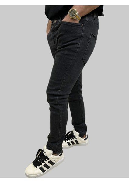 Erkek Dar Paça Grand Çizgi Şeritli Füme Kot Pantolon