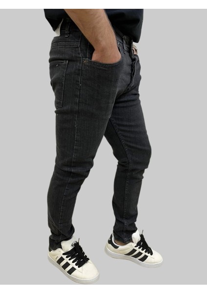 Erkek Dar Paça Grand Çizgi Şeritli Füme Kot Pantolon