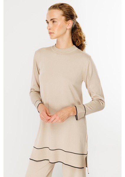 Çizgi Kombinli Tunik Pantolon Triko Takım-TAŞ