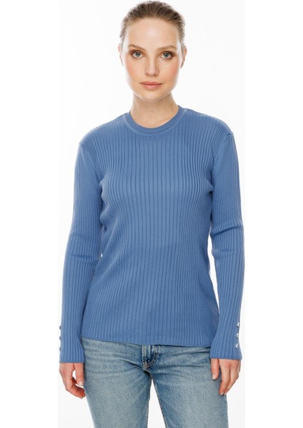 Sıfır Yaka Fitilli Triko Kazak-İNDİGO