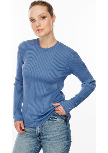 Sıfır Yaka Fitilli Triko Kazak-İNDİGO fiyatları