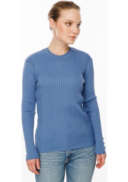 Sıfır Yaka Fitilli Triko Kazak-İNDİGO indirimleri