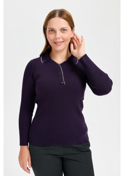 Büyük Beden Simli Polo Yaka Triko Kazak-MOR indirimleri