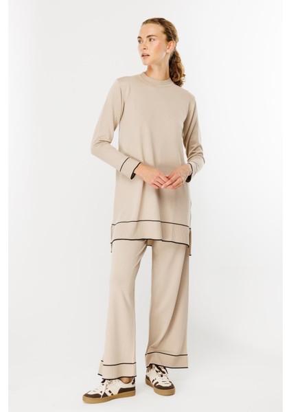 Çizgi Kombinli Tunik Pantolon Triko Takım-TAŞ