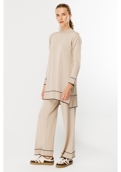 Çizgi Kombinli Tunik Pantolon Triko Takım-TAŞ