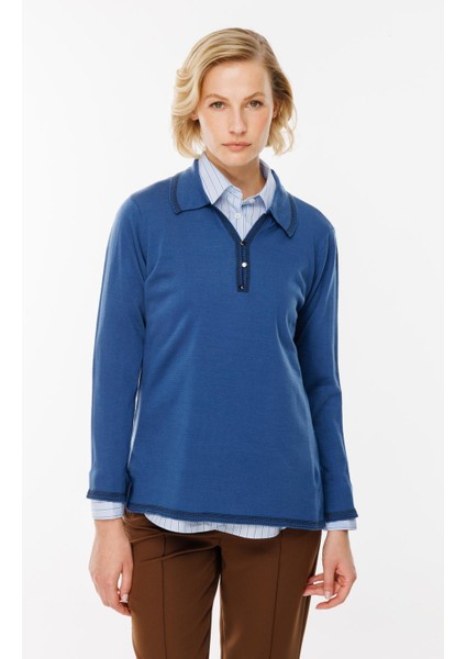 Büyük Beden Polo Yaka Triko Kazak-İNDİGO