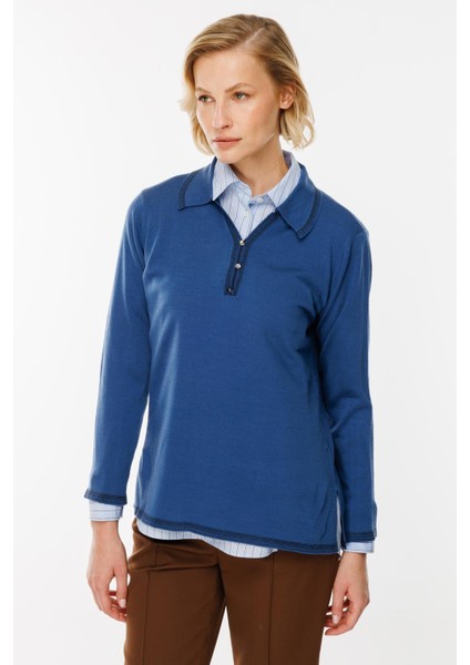 Büyük Beden Polo Yaka Triko Kazak-İNDİGO fiyatları