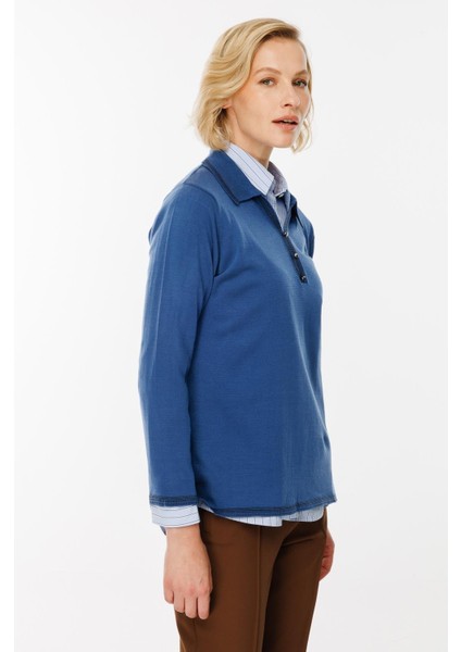Büyük Beden Polo Yaka Triko Kazak-İNDİGO fırsatları