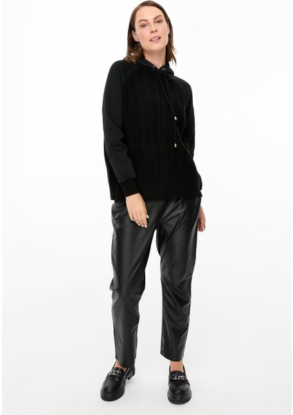 Kapüşonlu Örme Desenli Triko Bluz-SİYAH fiyatları