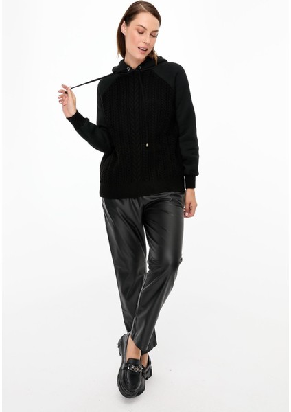 Kapüşonlu Örme Desenli Triko Bluz-SİYAH modelleri