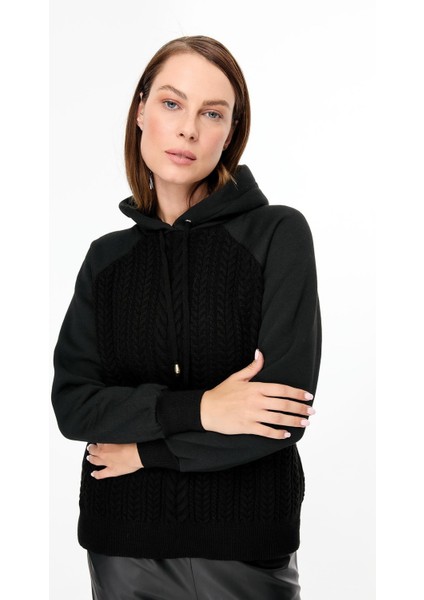 Kapüşonlu Örme Desenli Triko Bluz-SİYAH fırsatları