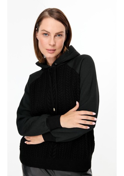 Kapüşonlu Örme Desenli Triko Bluz-SİYAH indirimleri