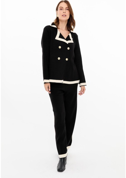 Kruvaze Biyeli Ceket-Pantolon Triko Takım-SİYAH