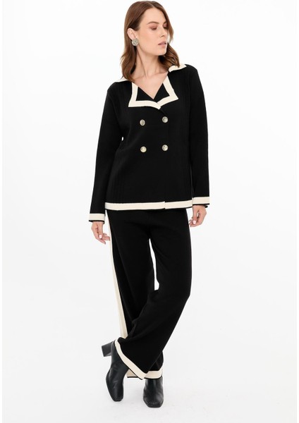 Kruvaze Biyeli Ceket-Pantolon Triko Takım-SİYAH fiyatları