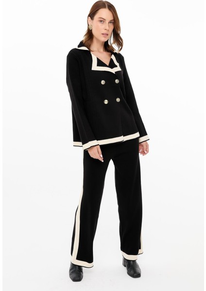 Kruvaze Biyeli Ceket-Pantolon Triko Takım-SİYAH modelleri