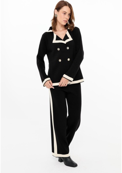 Kruvaze Biyeli Ceket-Pantolon Triko Takım-SİYAH fırsatları