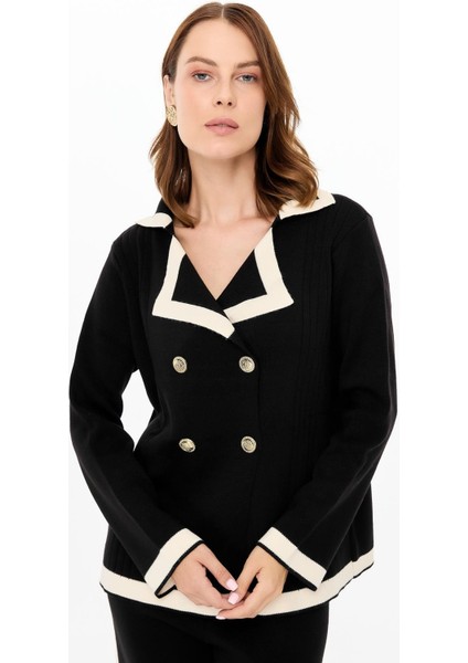 Kruvaze Biyeli Ceket-Pantolon Triko Takım-SİYAH indirimleri