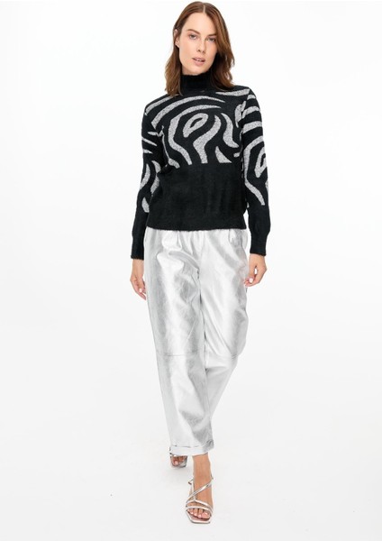 Leopar Desenli Triko Kazak-SİYAH