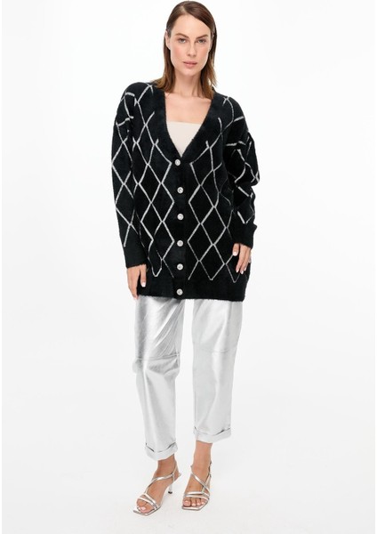 Baklava Desenli Triko Hırka-SİYAH