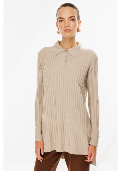 Polo Yaka Düğmeli Triko Tunik-TAŞ