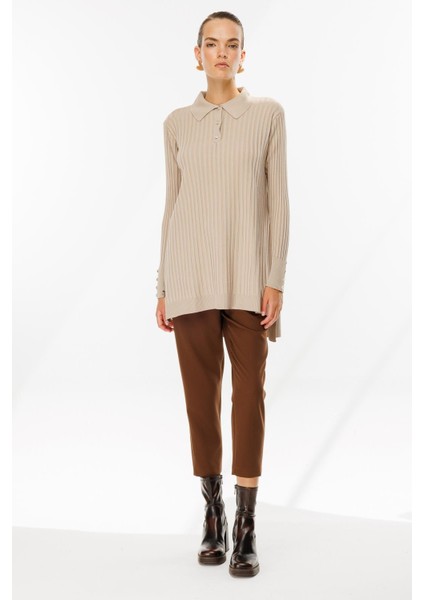 Polo Yaka Düğmeli Triko Tunik-TAŞ fırsatları